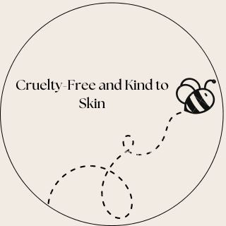 Minimalist circular design with a bee and a dotted trail, accompanied by the text 'Cruelty-Free and Kind to Skin' centered above.