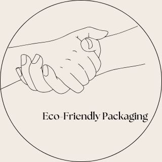 Minimalist circular design with two hands shaking, accompanied by the text 'Eco-Friendly Packaging' centered below.