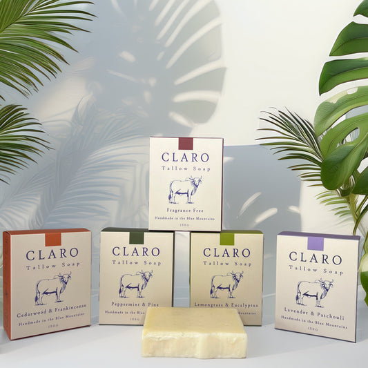 Five boxes of Claro Tallow Soap in various scents—Cedarwood & Frankincense, Peppermint & Pine, Lemongrass & Eucalyptus, Lavender & Patchouli, and Fragrance Free—arranged with a bare soap bar in front, set against a light background with green palm leaves casting shadows.