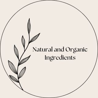 Minimalist circular logo with a leafy branch on the left side and the text 'Natural and Organic Ingredients' centered in a simple font.