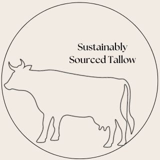 Minimalist circular design featuring the outline of a cow with the text 'Sustainably Sourced Tallow' centered above.