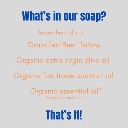 Graphic titled 'What's in our soap?' listing simple ingredients: grass-fed beef tallow, organic extra virgin olive oil, organic fair-trade coconut oil, and organic essential oil (for scented versions only), with the phrase 'That's it!' at the bottom.