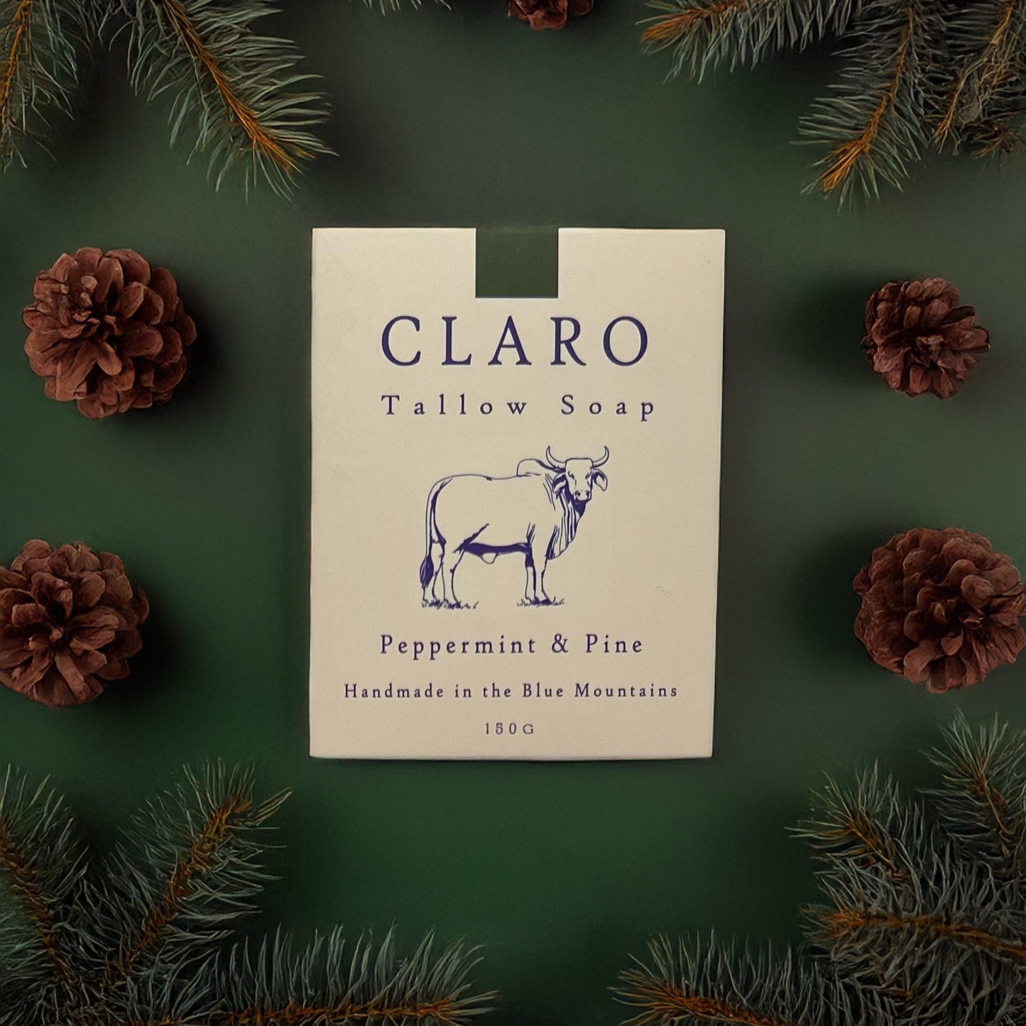 Claro Tallow Soap box labeled 'Peppermint & Pine,' surrounded by pine branches and pinecones on a green background